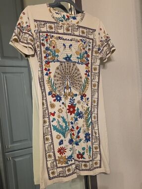 Tory Burch Cream Mini Dress with Multicolor Floral & Peacock Panel